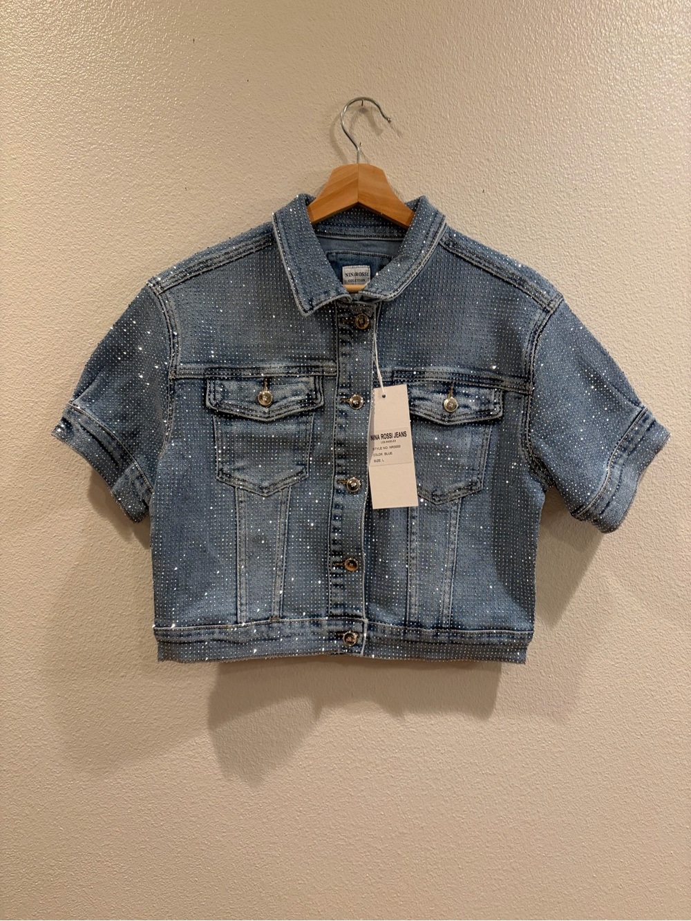 Nina Rossi Sparkle Studded Crop Denim Jacket - Light Blue